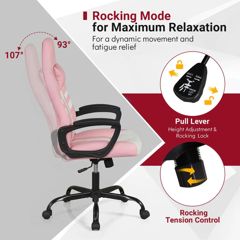 Ergonomic Gaming Chair with Removable Head Pillow & Rocking by DirectDeals