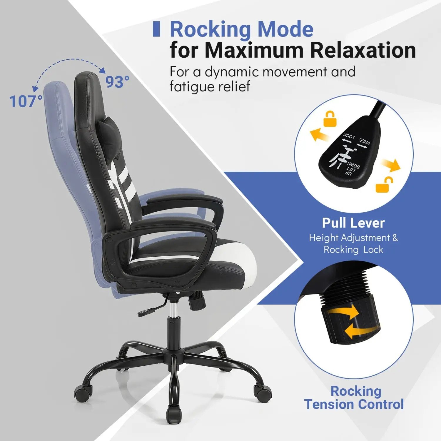 Ergonomic Gaming Chair with Removable Head Pillow & Rocking by DirectDeals