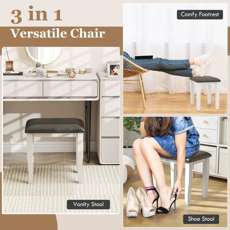 Faux Leather Vanity Stool Chair Set of 2 for Makeup Room and Living Room-Gray and White by DirectDeals
