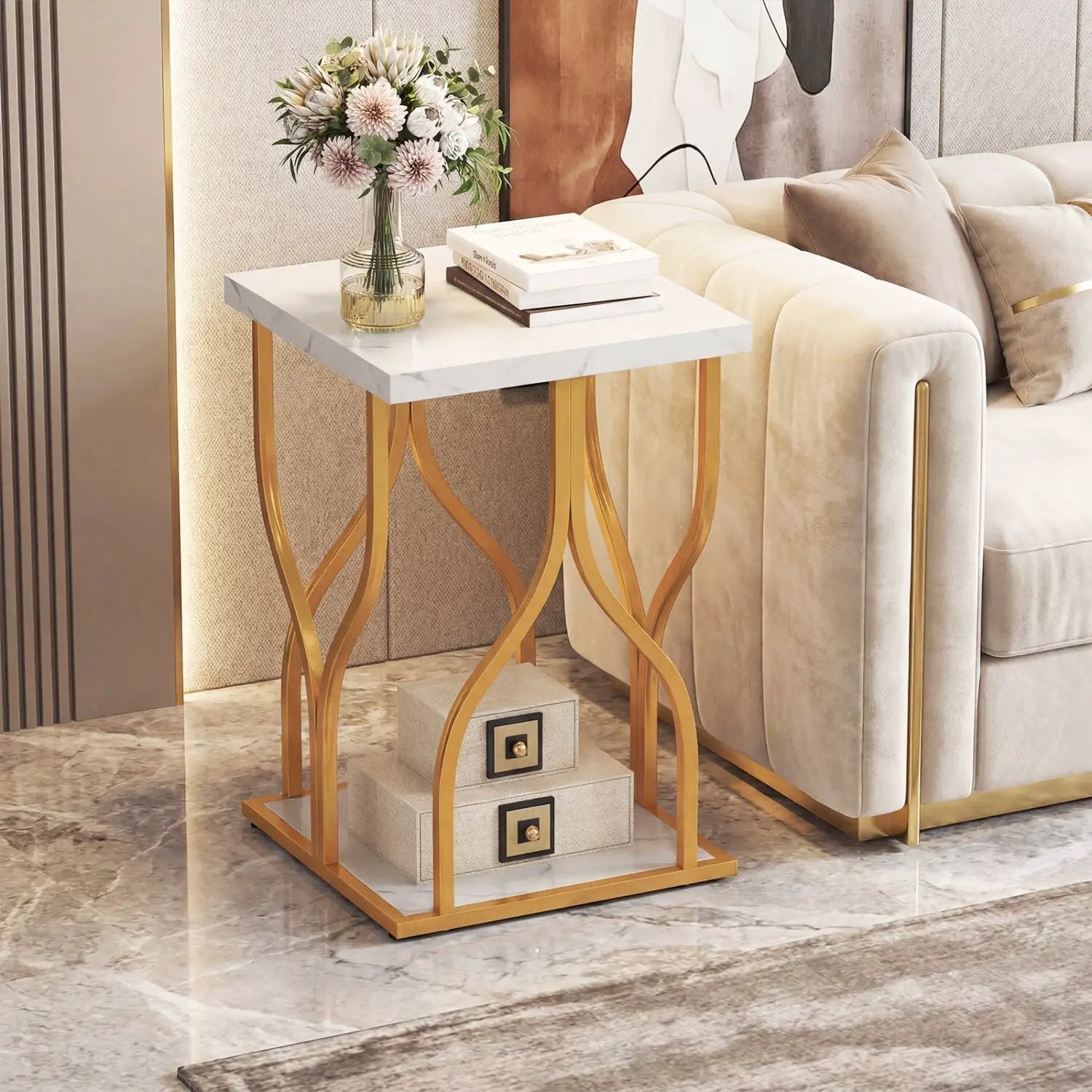 Faux Marble Bedside Night Stand with Petal-Inspired Metal Frame by DirectDeals