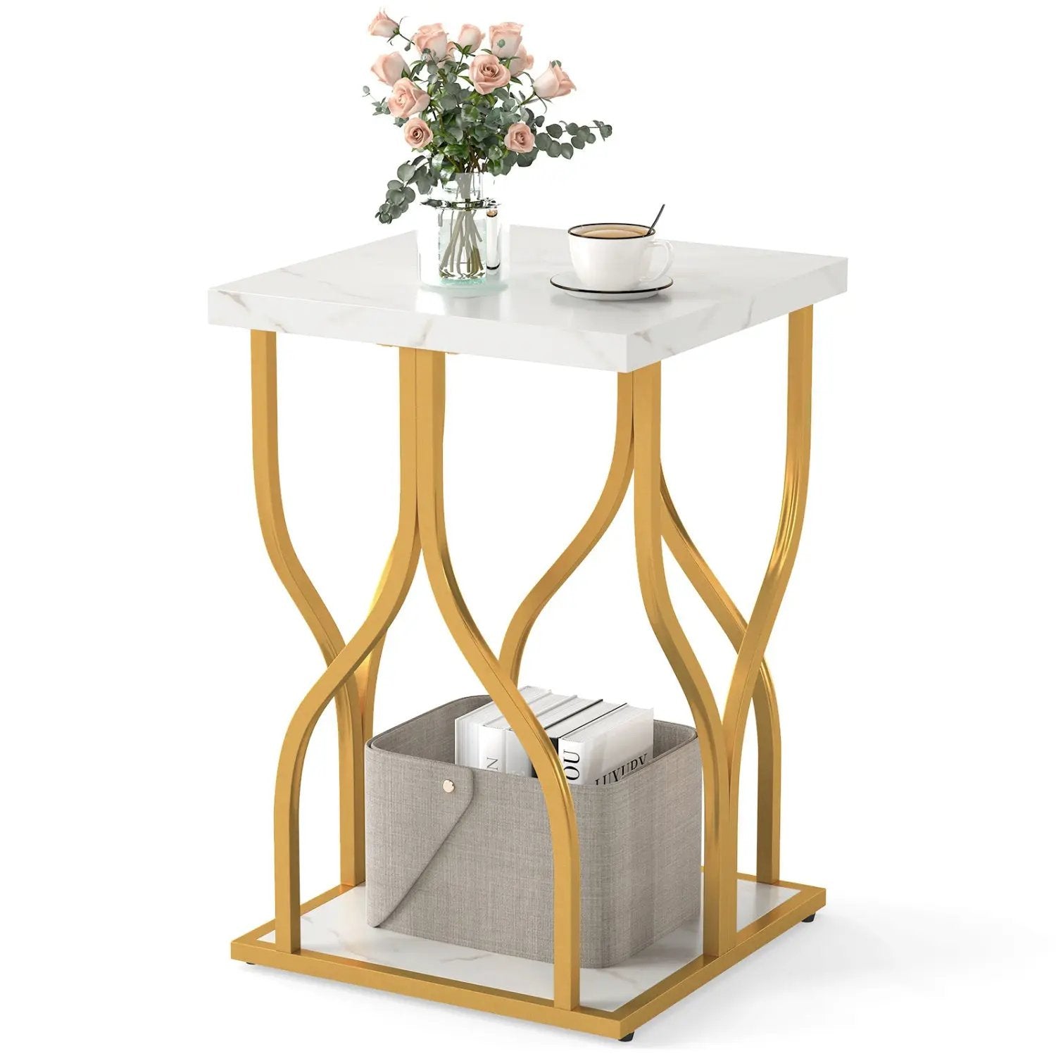 Faux Marble Bedside Night Stand with Petal-Inspired Metal Frame by DirectDeals
