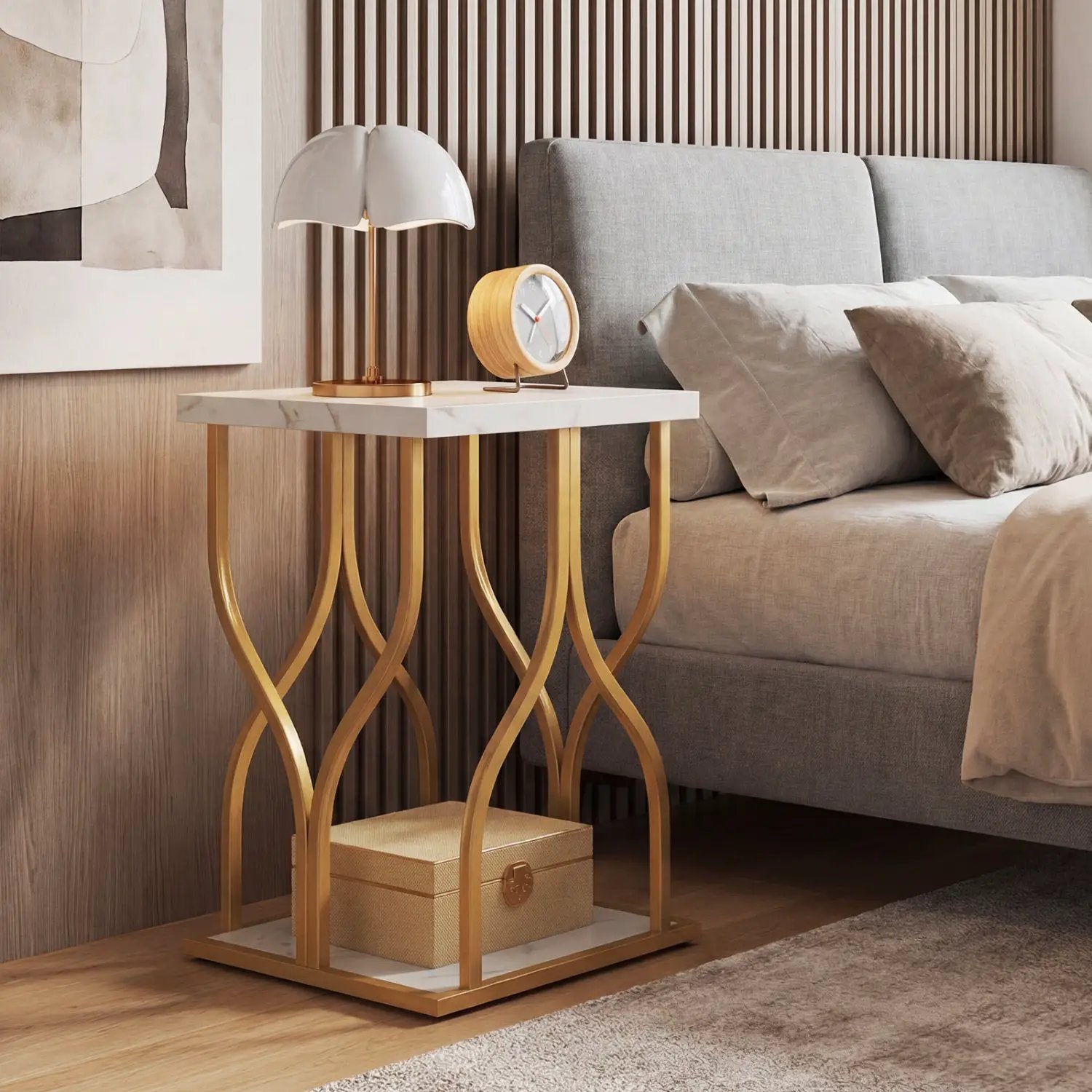 Faux Marble Bedside Night Stand with Petal-Inspired Metal Frame by DirectDeals