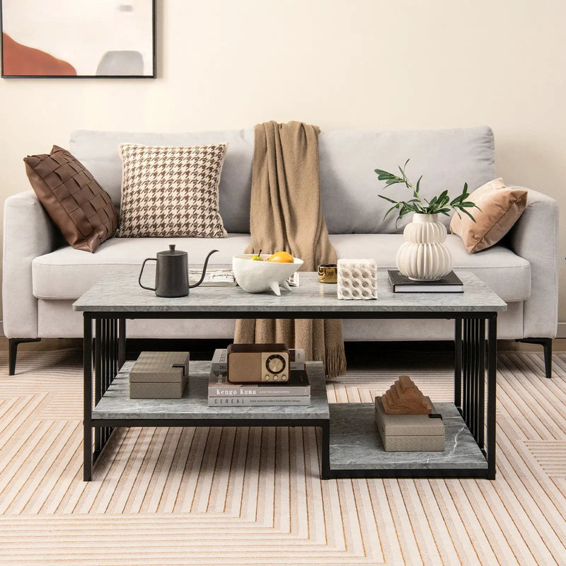 Faux Marble Coffee Table with Open Storage Shelf-Gray by DirectDeals
