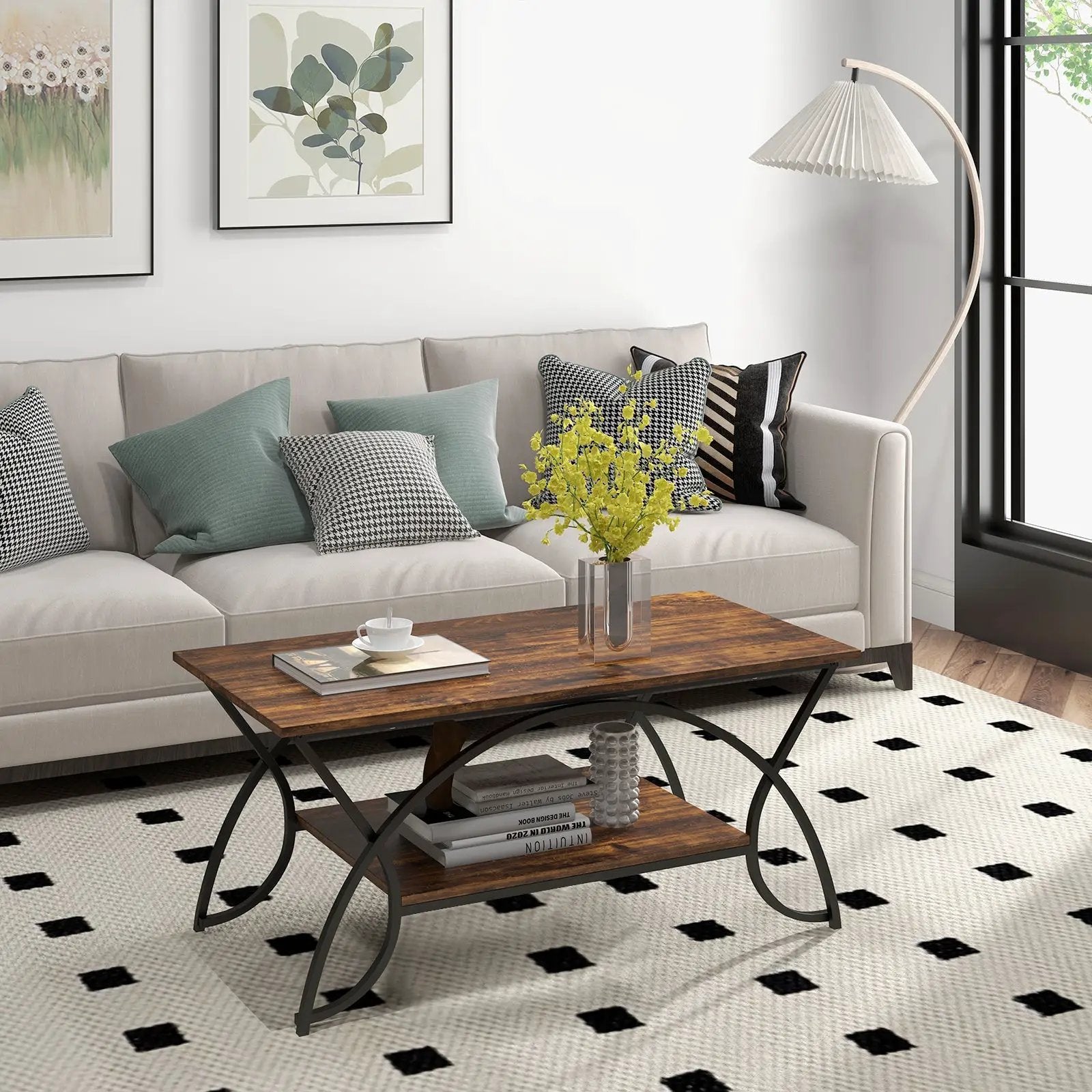 2-Tier Rectangle Coffee Table with Marble Pattern Top by DirectDeals