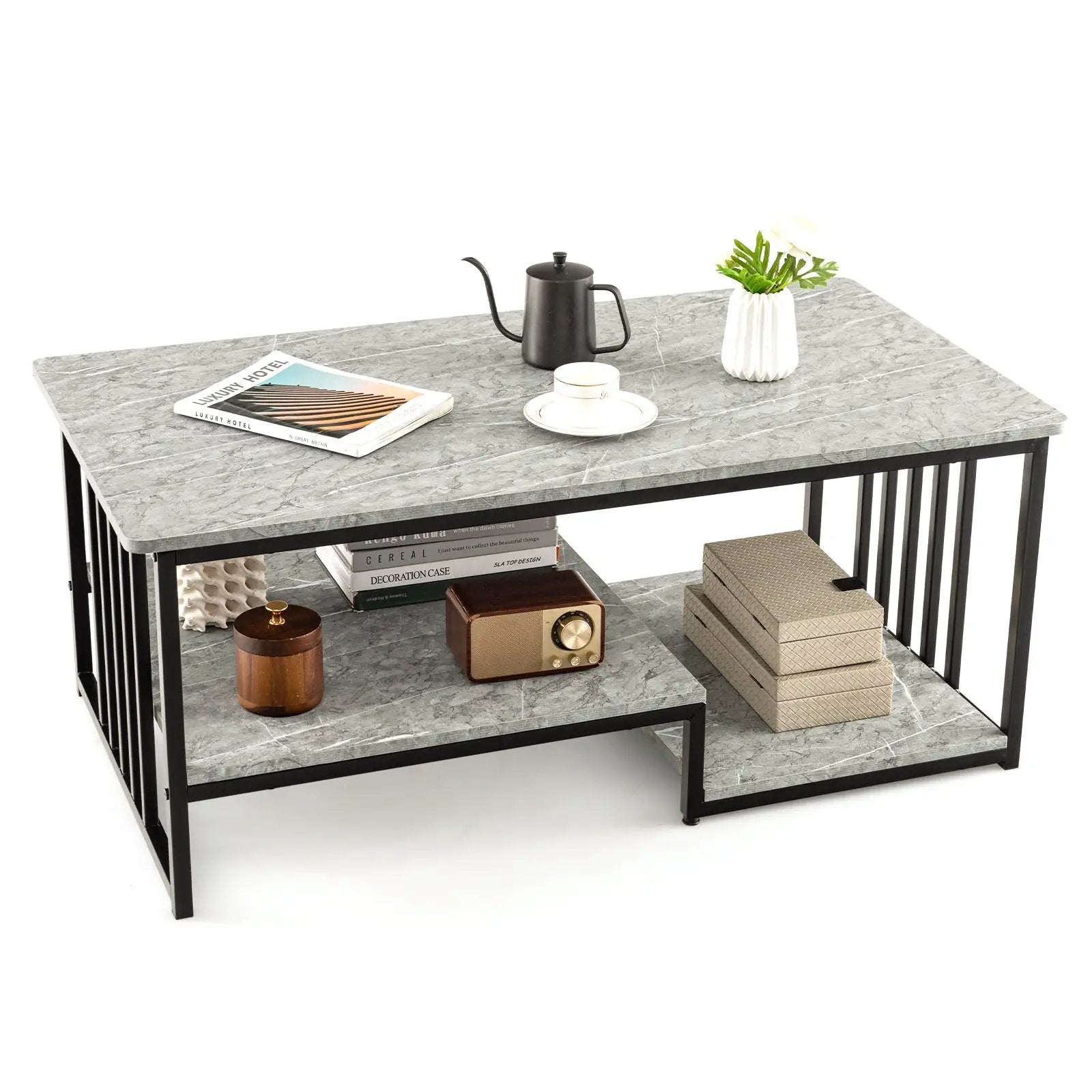 Faux Marble Coffee Table with Open Storage Shelf-Gray by DirectDeals