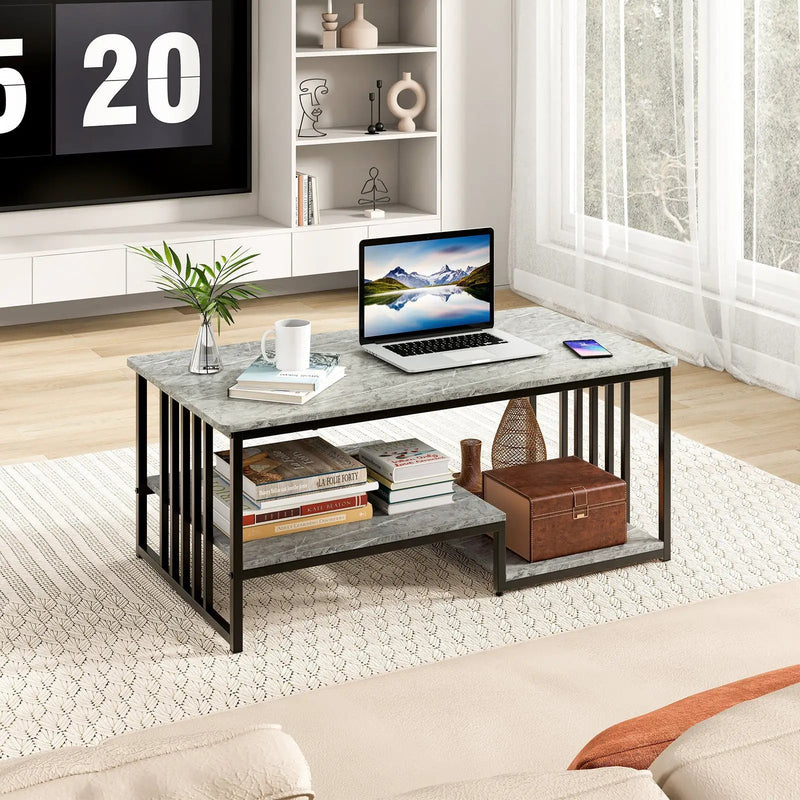 Faux Marble Coffee Table with Open Storage Shelf-Gray by DirectDeals