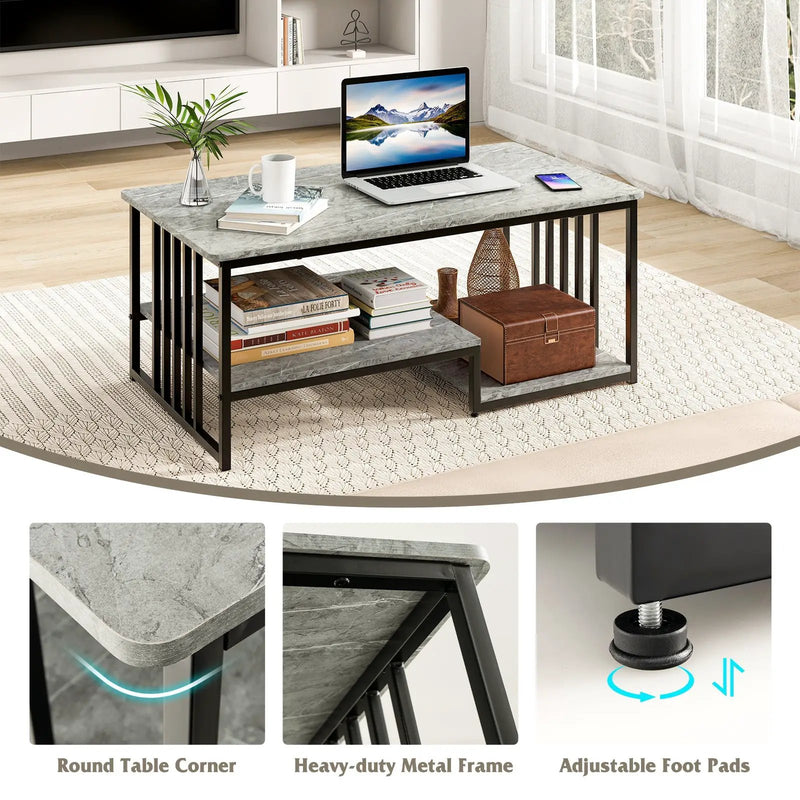 Faux Marble Coffee Table with Open Storage Shelf-Gray by DirectDeals