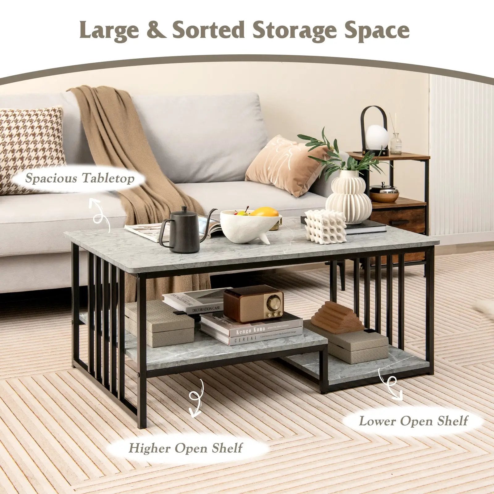 Faux Marble Coffee Table with Open Storage Shelf-Gray by DirectDeals