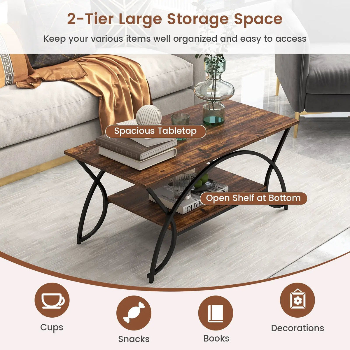 2-Tier Rectangle Coffee Table with Marble Pattern Top by DirectDeals