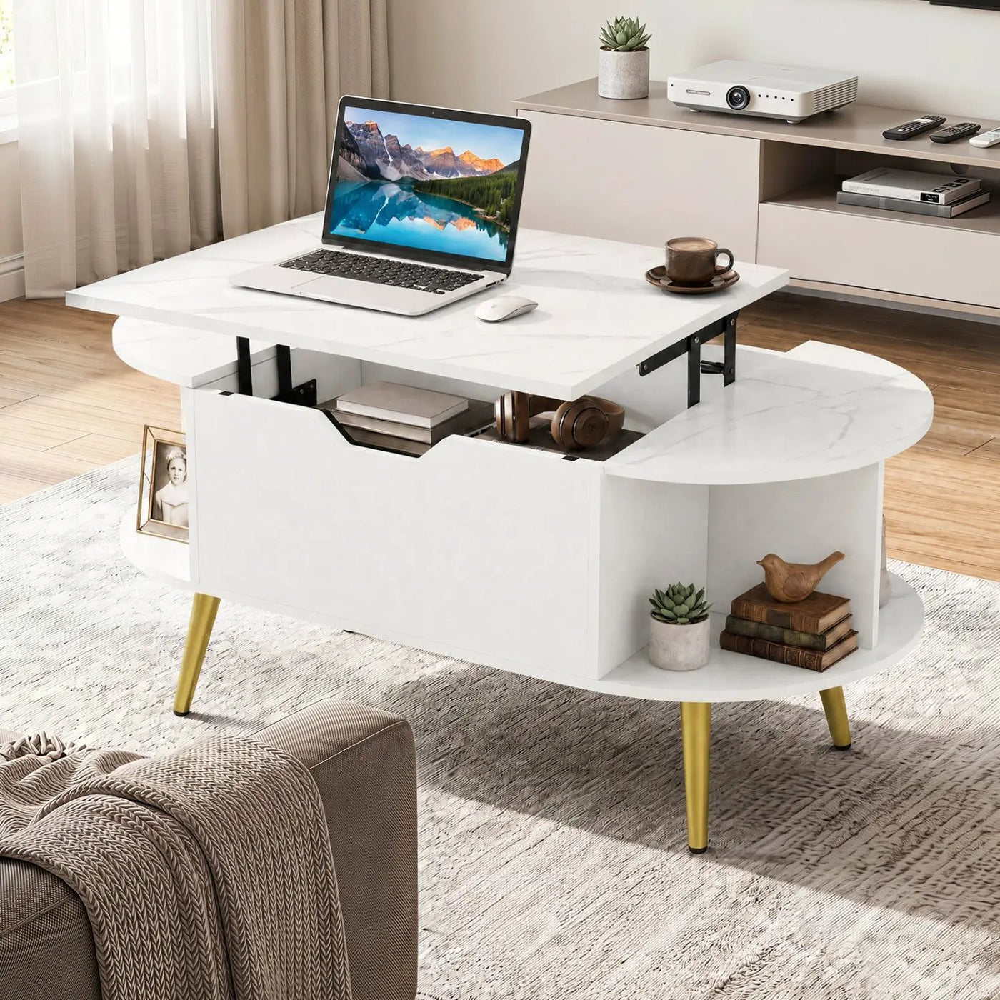 Lift Top Coffee Table with Hidden Compartment and Shelves by DirectDeals