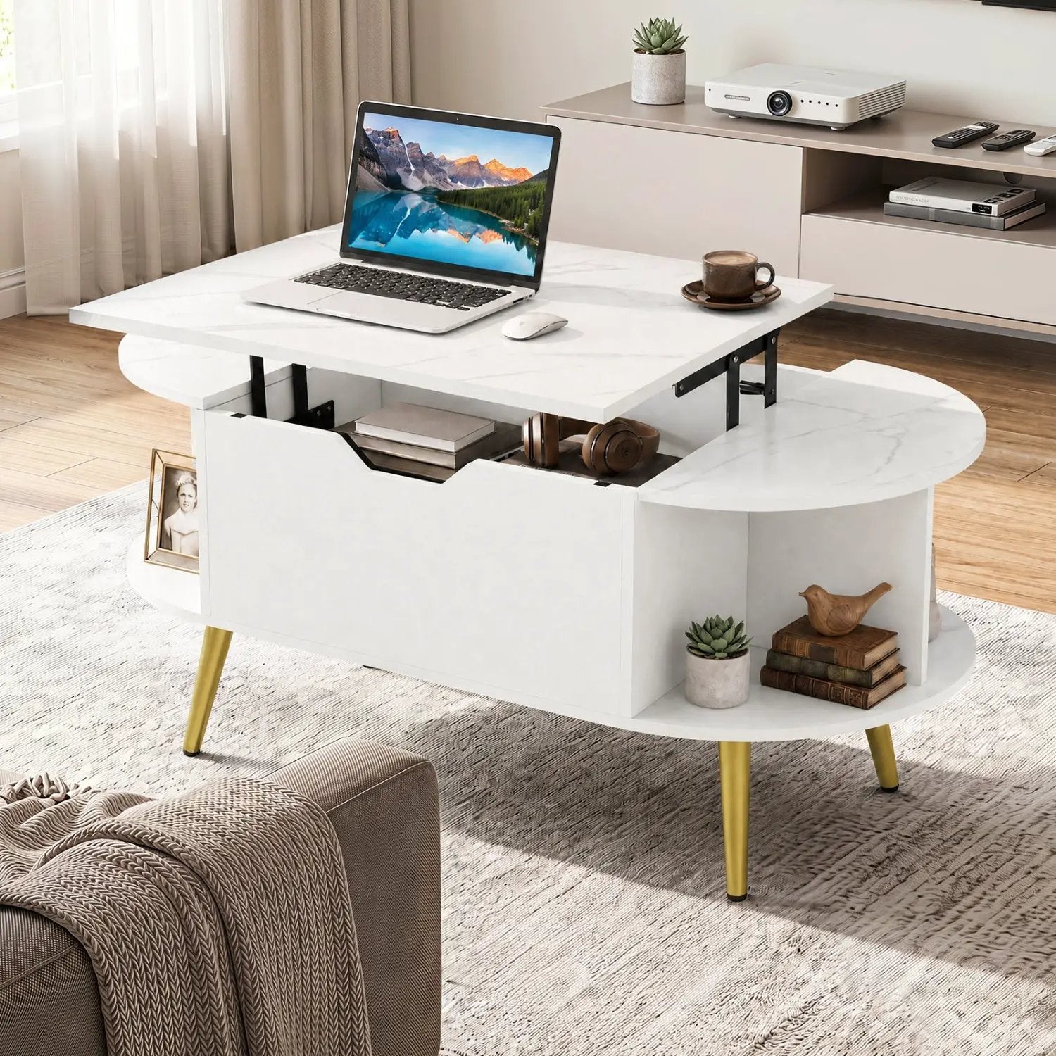 Lift Top Coffee Table with Hidden Compartment and Shelves by DirectDeals
