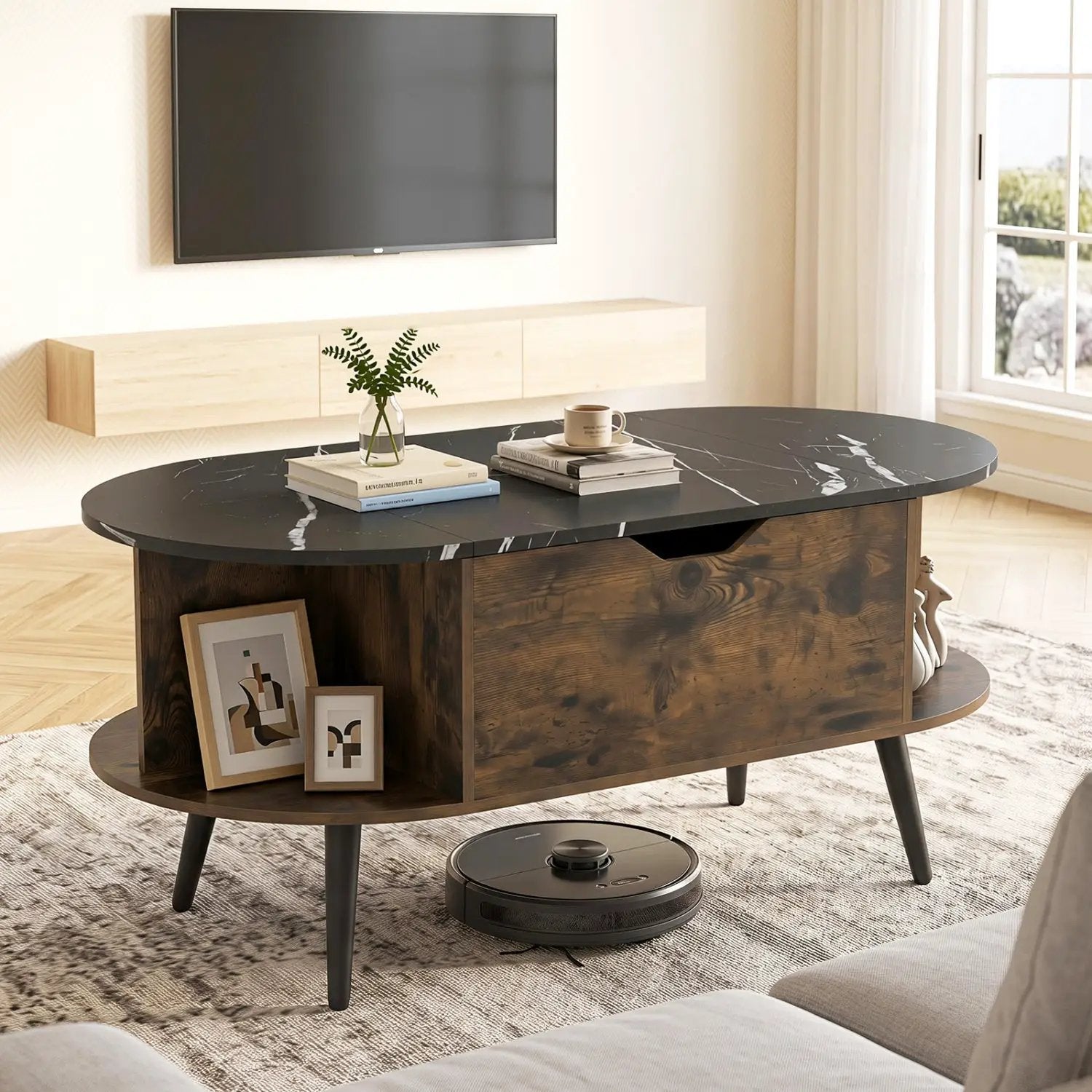Lift Top Coffee Table with Hidden Compartment and Shelves by DirectDeals