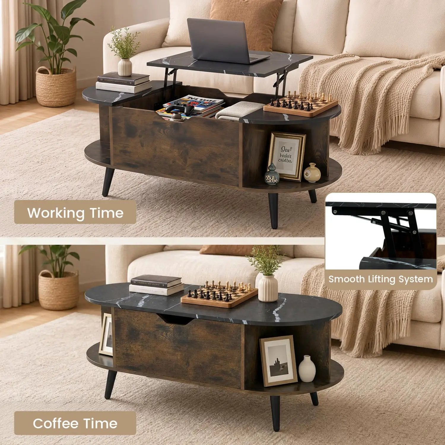 Lift Top Coffee Table with Hidden Compartment and Shelves by DirectDeals
