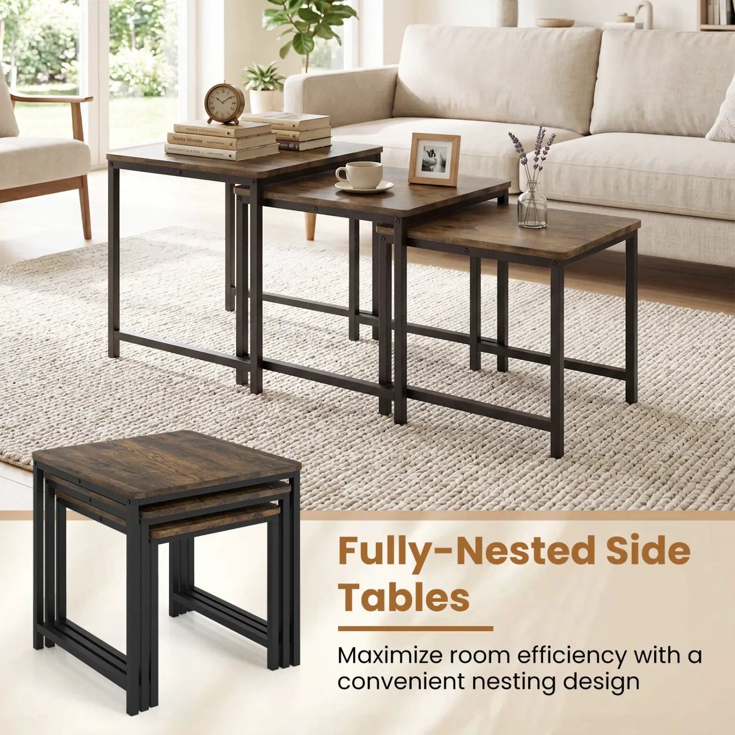 Nesting Tables Set of 3 with Faux Marble Top and Metal Frame by DirectDeals