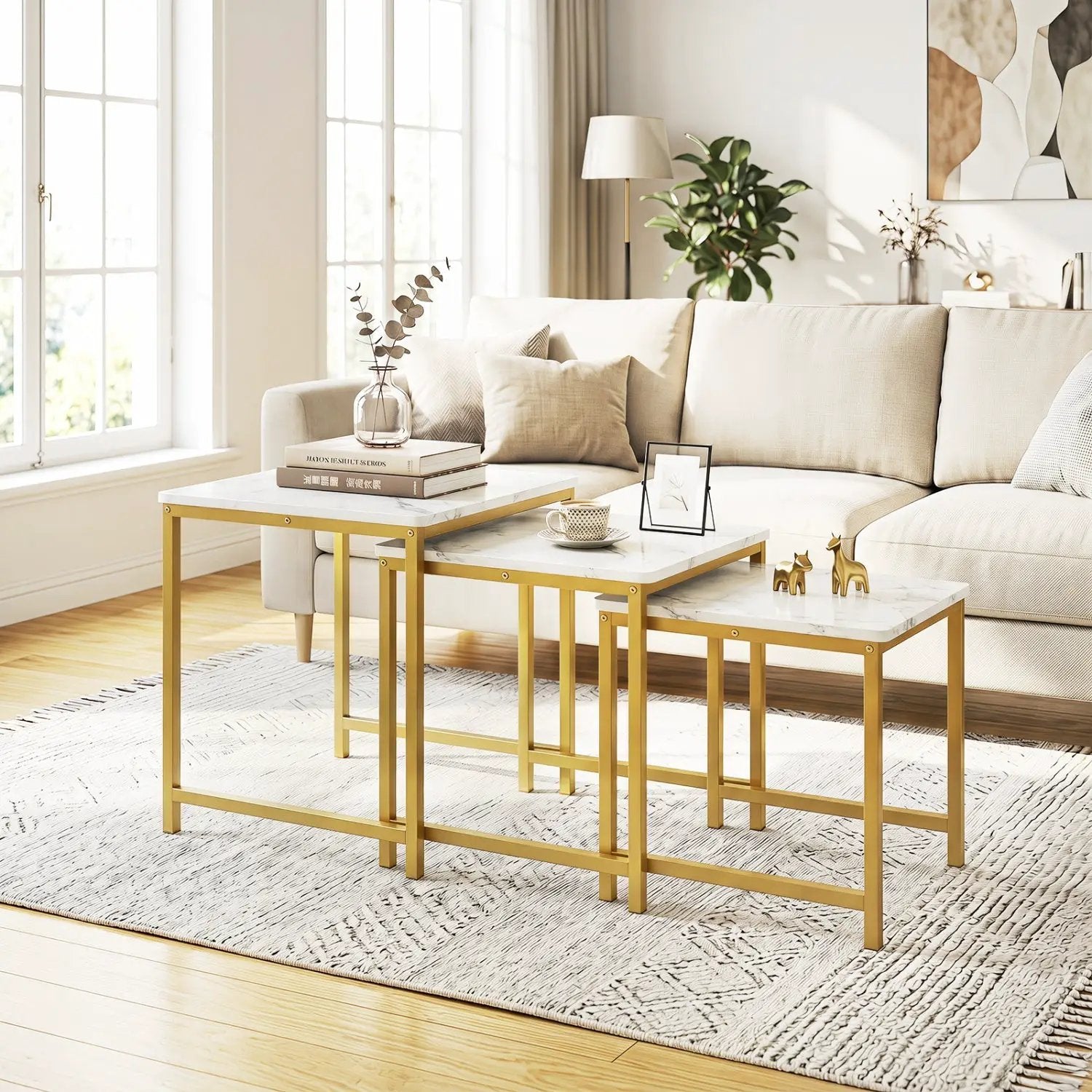 Nesting Tables Set of 3 with Faux Marble Top and Metal Frame by DirectDeals