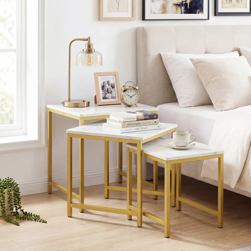 Nesting Tables Set of 3 with Faux Marble Top and Metal Frame by DirectDeals