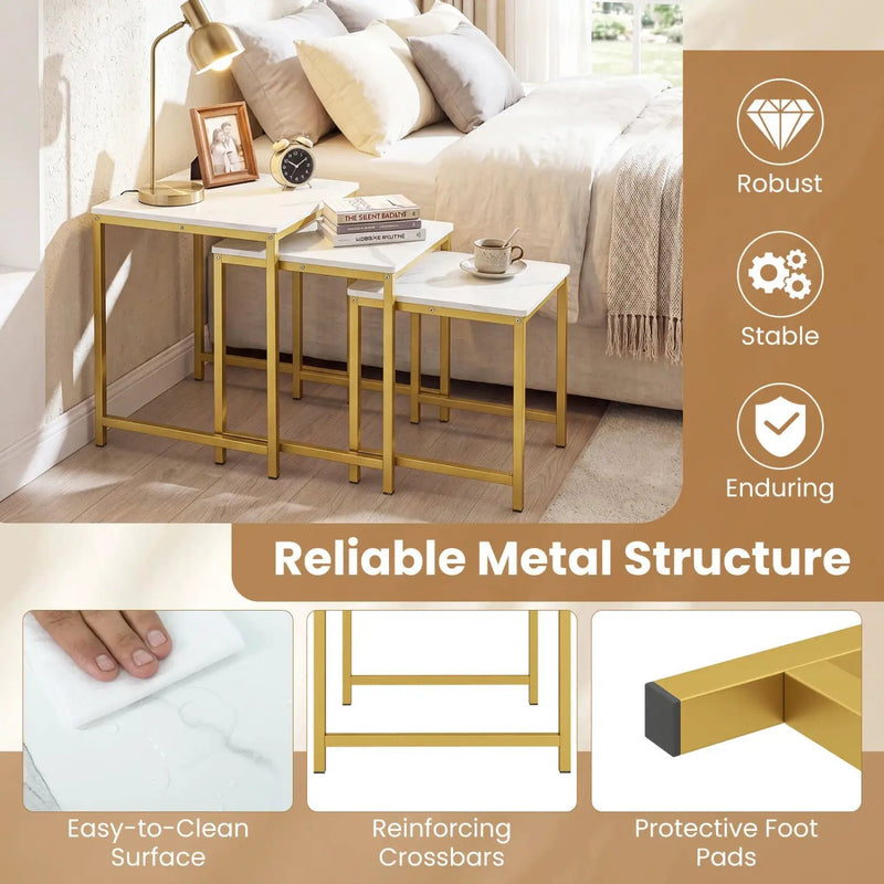 Nesting Tables Set of 3 with Faux Marble Top and Metal Frame by DirectDeals