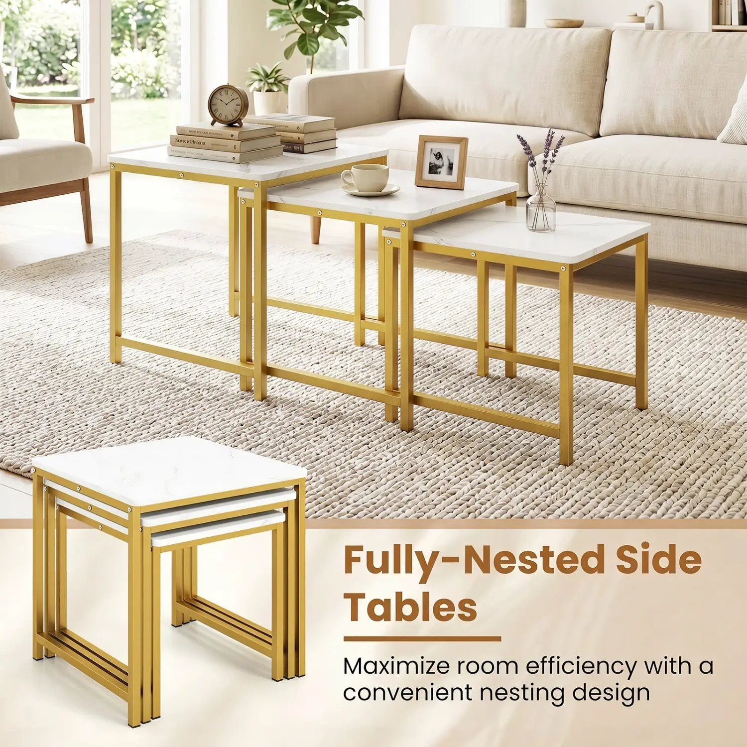 Nesting Tables Set of 3 with Faux Marble Top and Metal Frame by DirectDeals