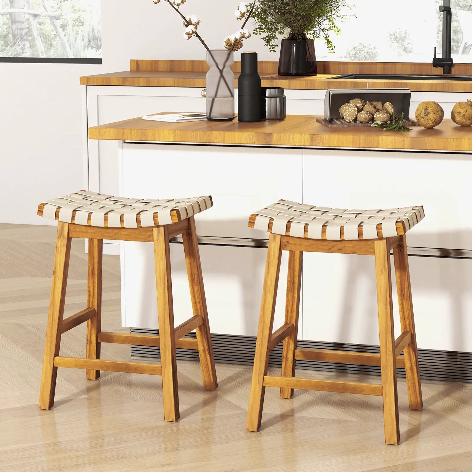 Faux PU Leather Bar Stools Set of 2 with Woven Curved Seat Natural by DirectDeals
