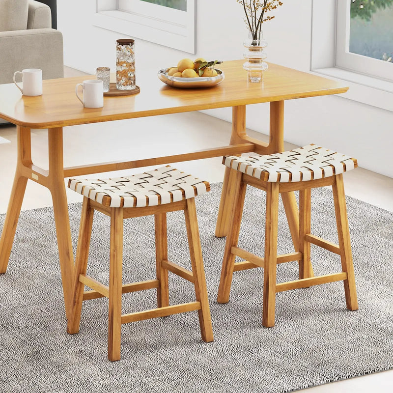 Faux PU Leather Bar Stools Set of 2 with Woven Curved Seat Natural by DirectDeals