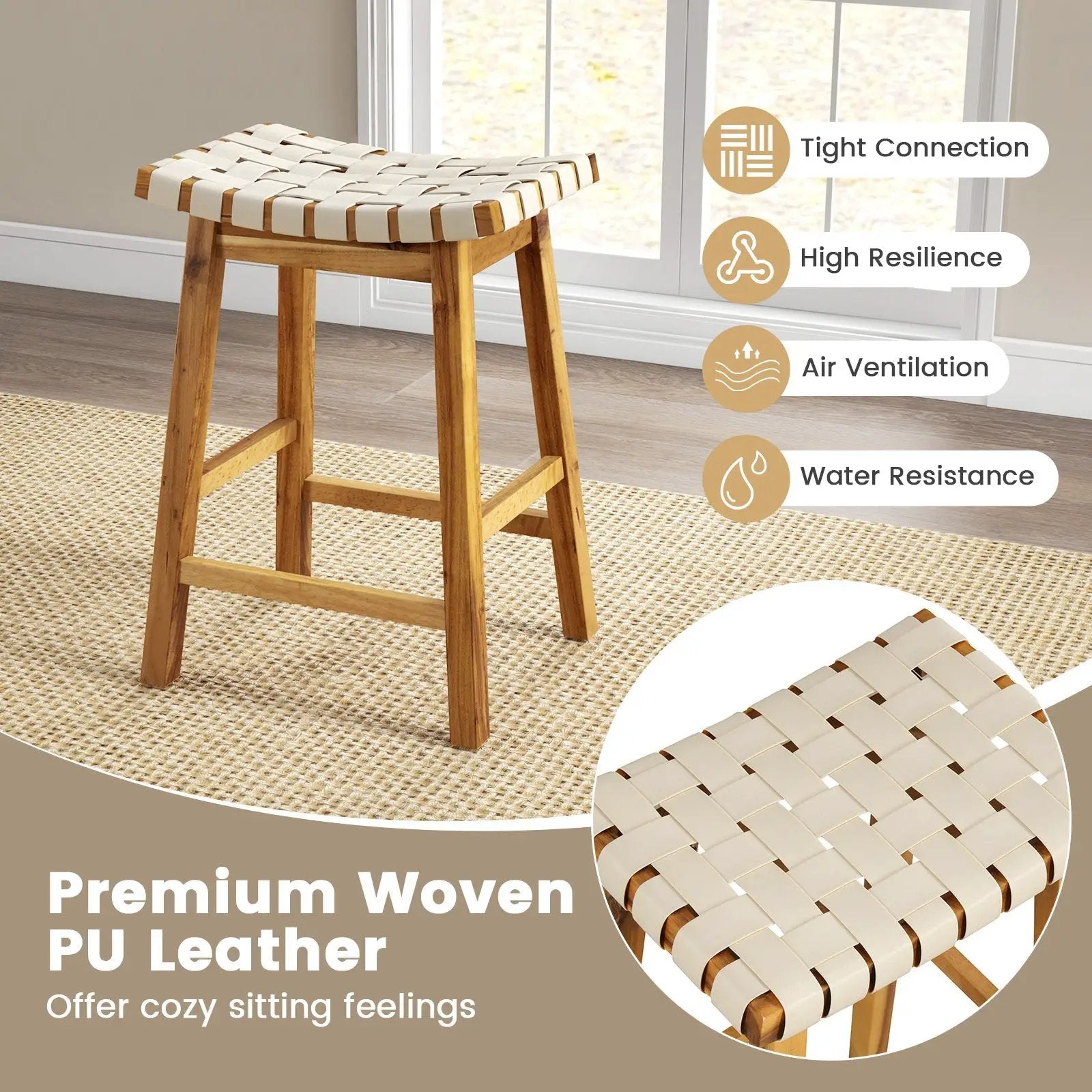 Faux PU Leather Bar Stools Set of 2 with Woven Curved Seat Natural by DirectDeals