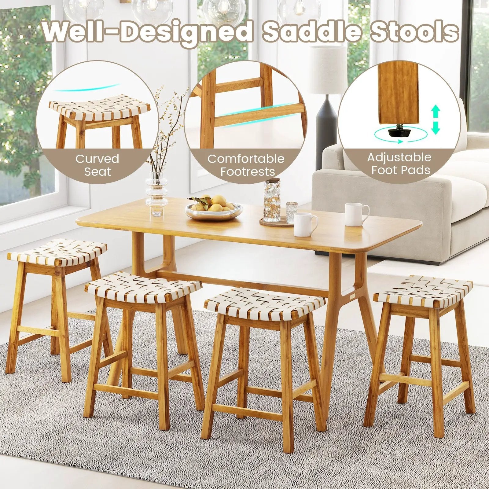 Faux PU Leather Bar Stools Set of 2 with Woven Curved Seat Natural by DirectDeals