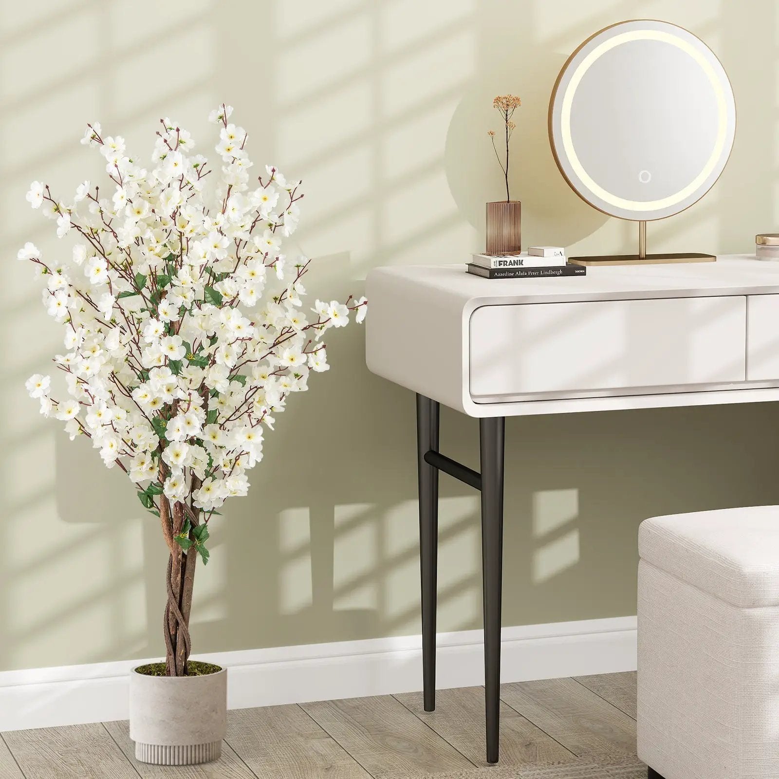 Faux Plum Blossom Plant with White Fabric Flower and Solid Wood Trunk-White by DirectDeals