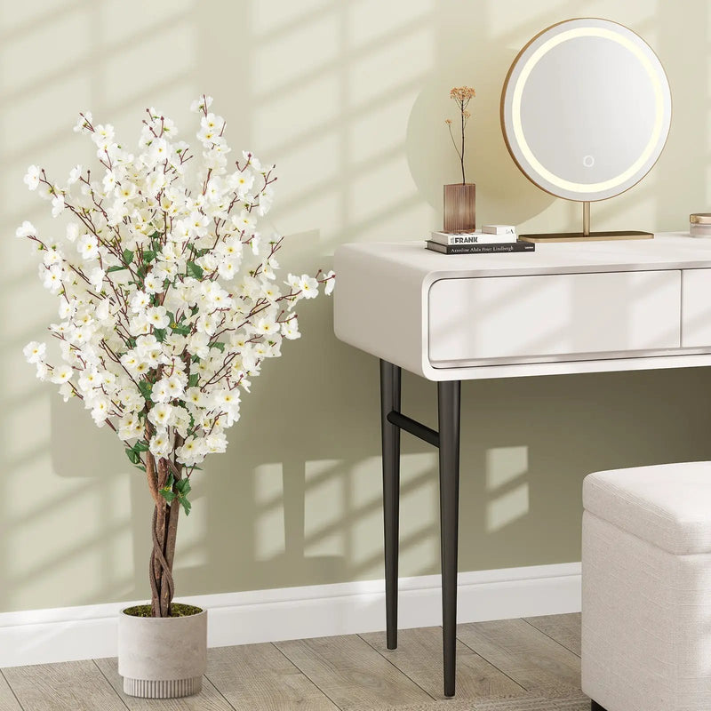 Faux Plum Blossom Plant with White Fabric Flower and Solid Wood Trunk-White by DirectDeals