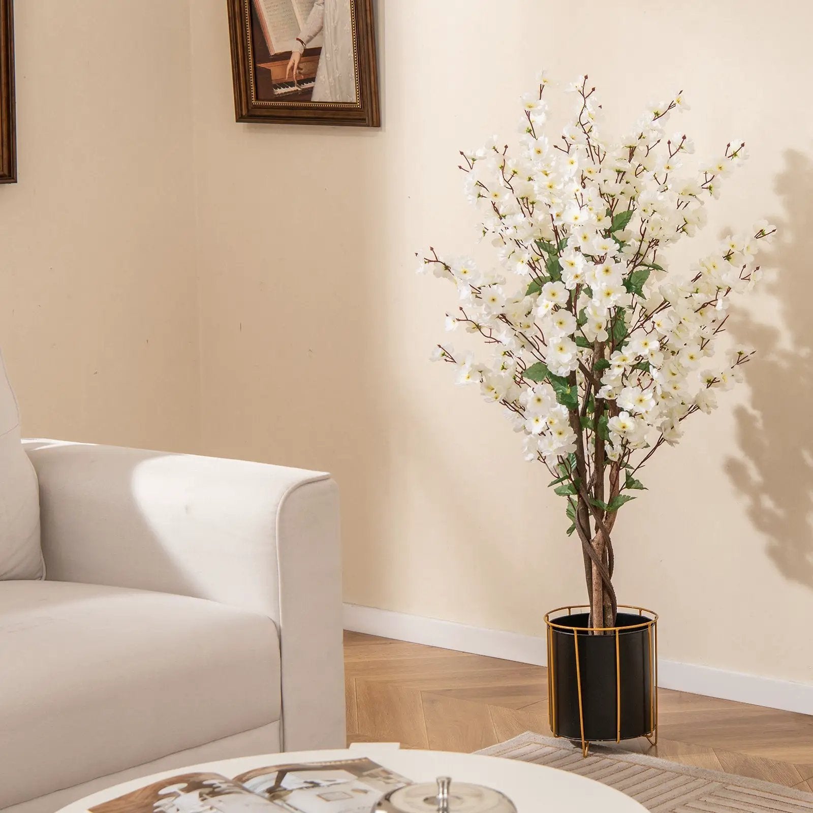 Faux Plum Blossom Plant with White Fabric Flower and Solid Wood Trunk-White by DirectDeals