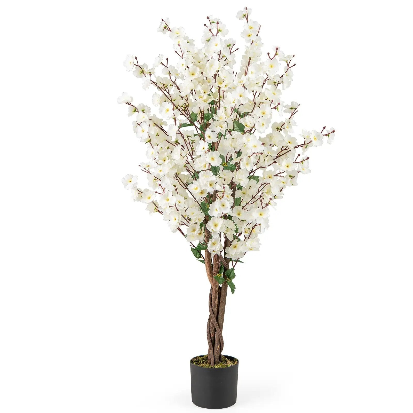 Faux Plum Blossom Plant with White Fabric Flower and Solid Wood Trunk-White by DirectDeals
