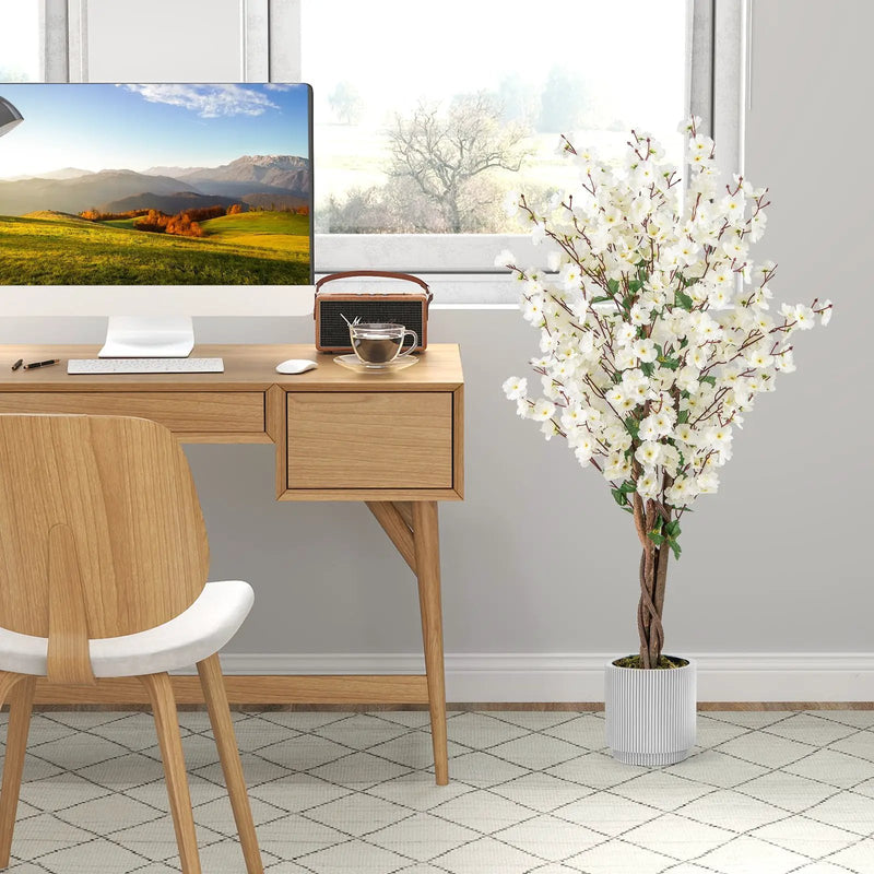 Faux Plum Blossom Plant with White Fabric Flower and Solid Wood Trunk-White by DirectDeals