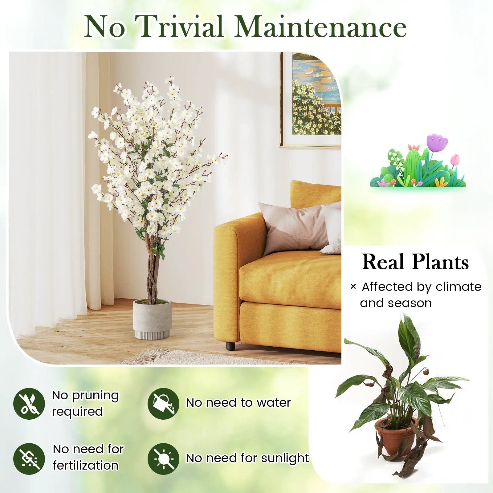 Faux Plum Blossom Plant with White Fabric Flower and Solid Wood Trunk-White by DirectDeals