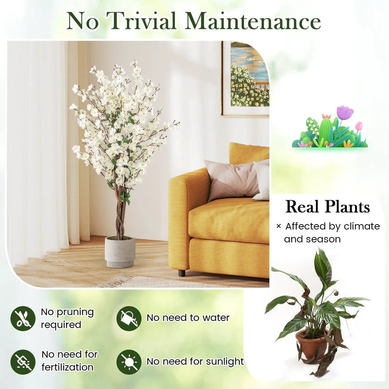 Faux Plum Blossom Plant with White Fabric Flower and Solid Wood Trunk-White by DirectDeals