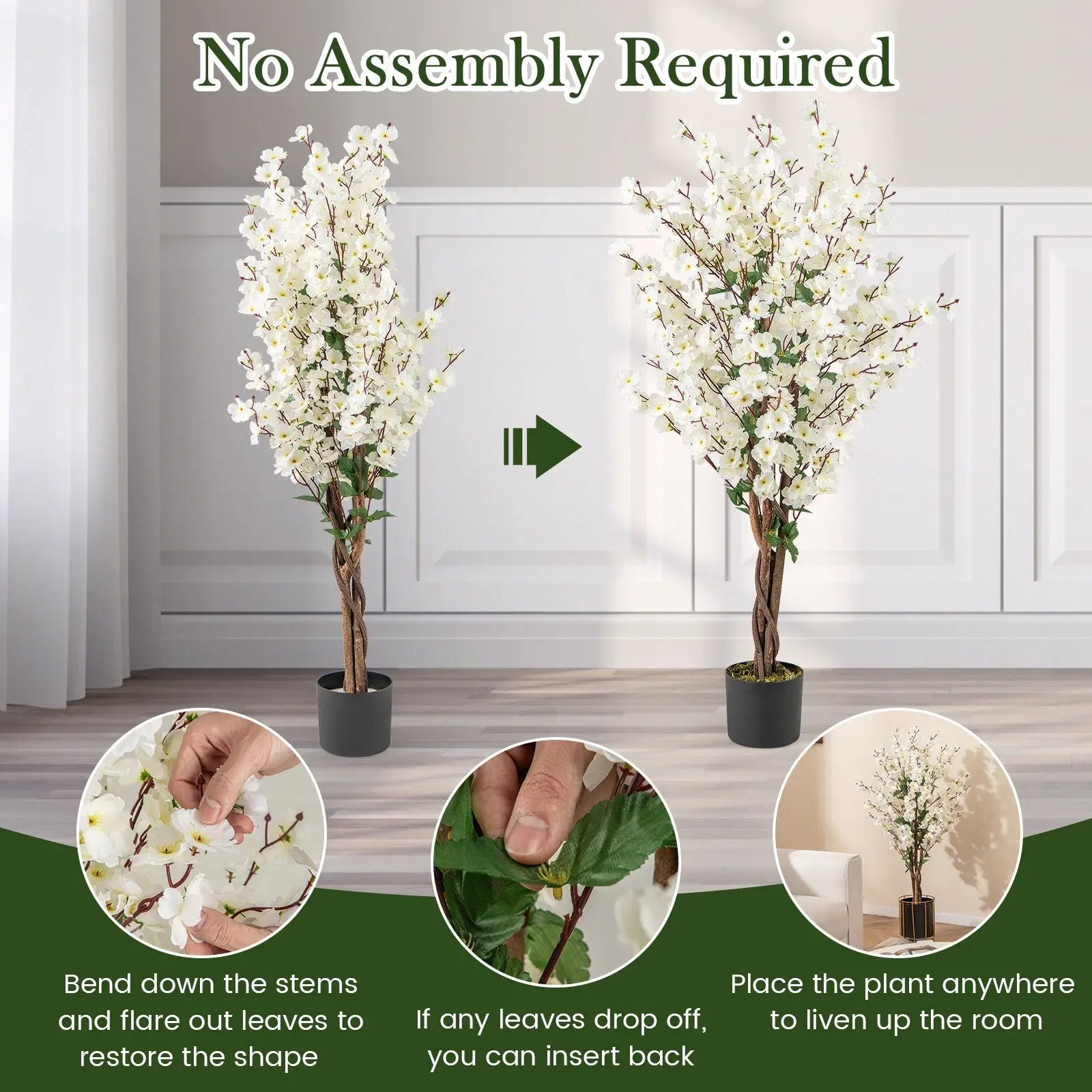 Faux Plum Blossom Plant with White Fabric Flower and Solid Wood Trunk-White by DirectDeals