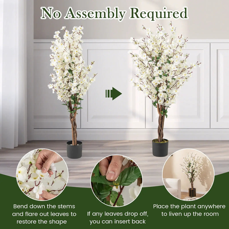 Faux Plum Blossom Plant with White Fabric Flower and Solid Wood Trunk-White by DirectDeals