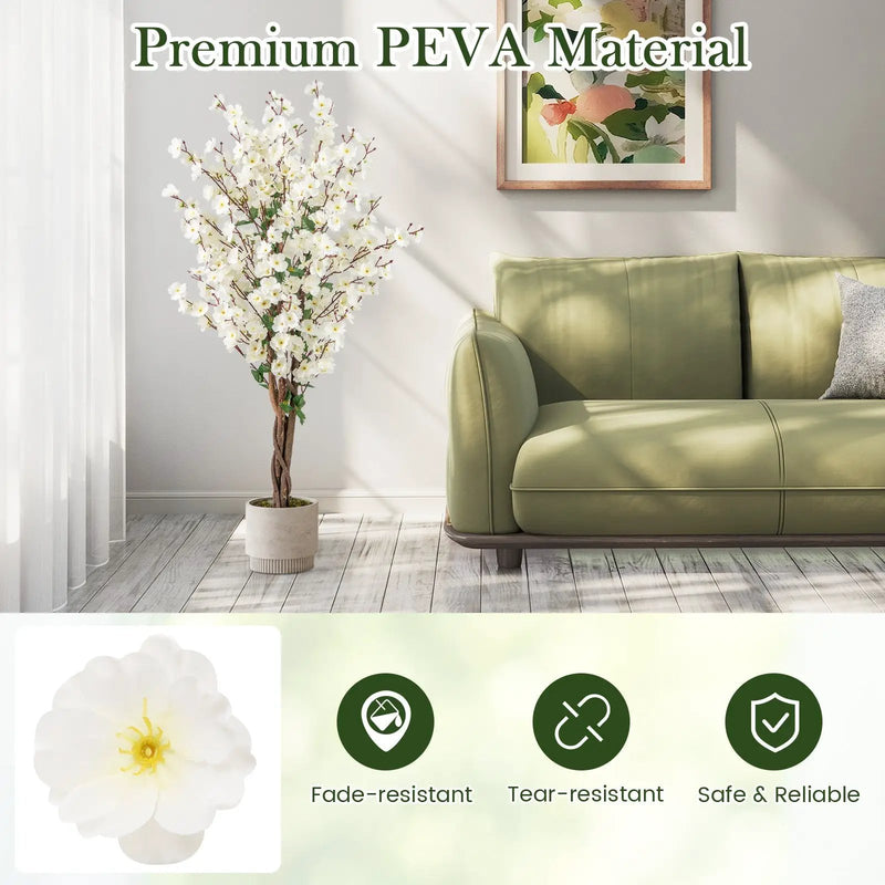 Faux Plum Blossom Plant with White Fabric Flower and Solid Wood Trunk-White by DirectDeals