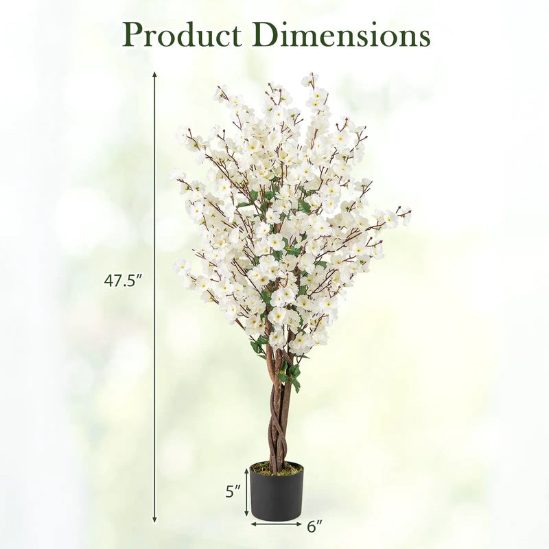 Faux Plum Blossom Plant with White Fabric Flower and Solid Wood Trunk-White by DirectDeals