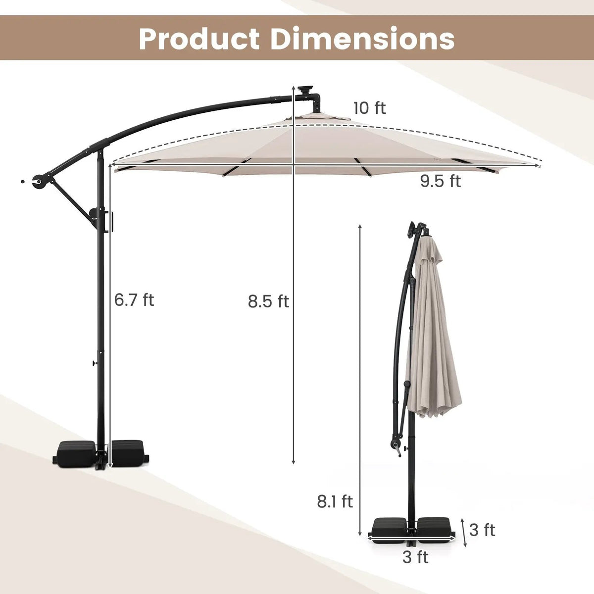 10 Feet Solar Offset Hanging Umbrella with Base and LED Lights by DirectDeals