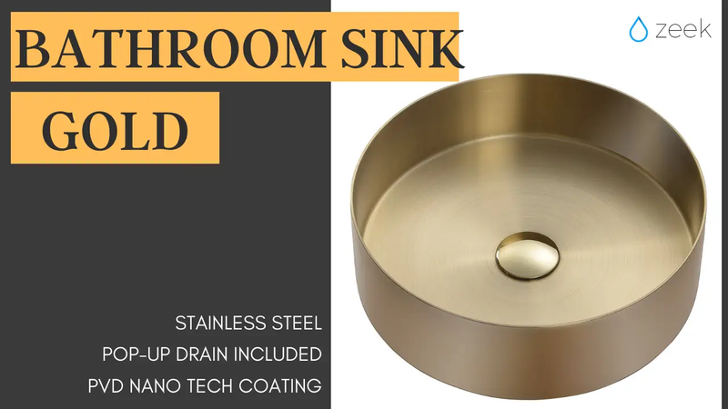 Zeek 14” Gold Round Vessel Bathroom Sink Stainless Steel PVD Nano Tech Coating ZN-G144 by ZEEK