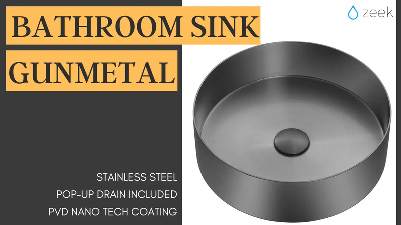 Zeek 14” Gunmetal Black Round Vessel Bathroom Sink Stainless Steel PVD Nano Tech Coating ZN-B144 by ZEEK