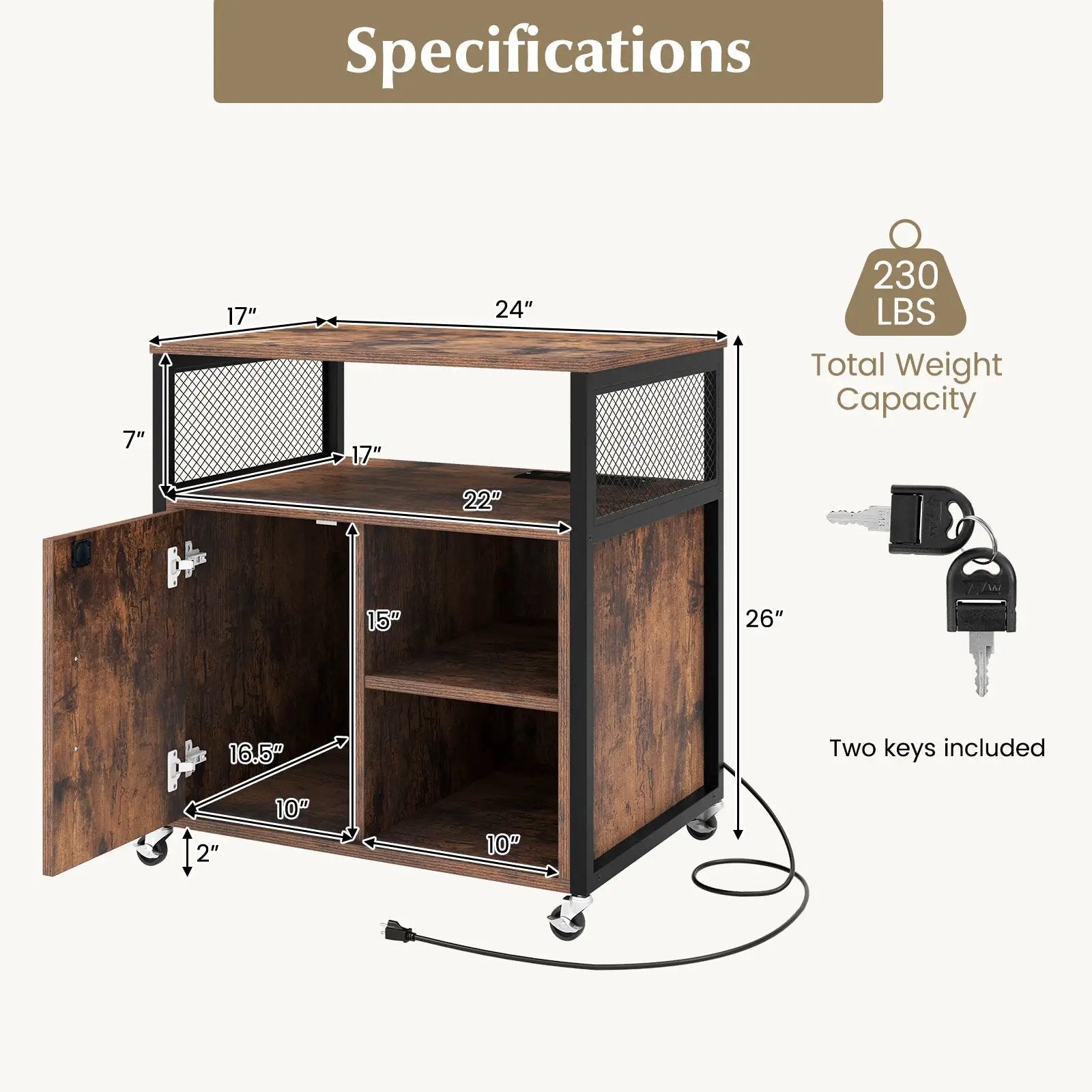 File Cabinet on Wheels with Charging Station and Cable Management Hole by DirectDeals