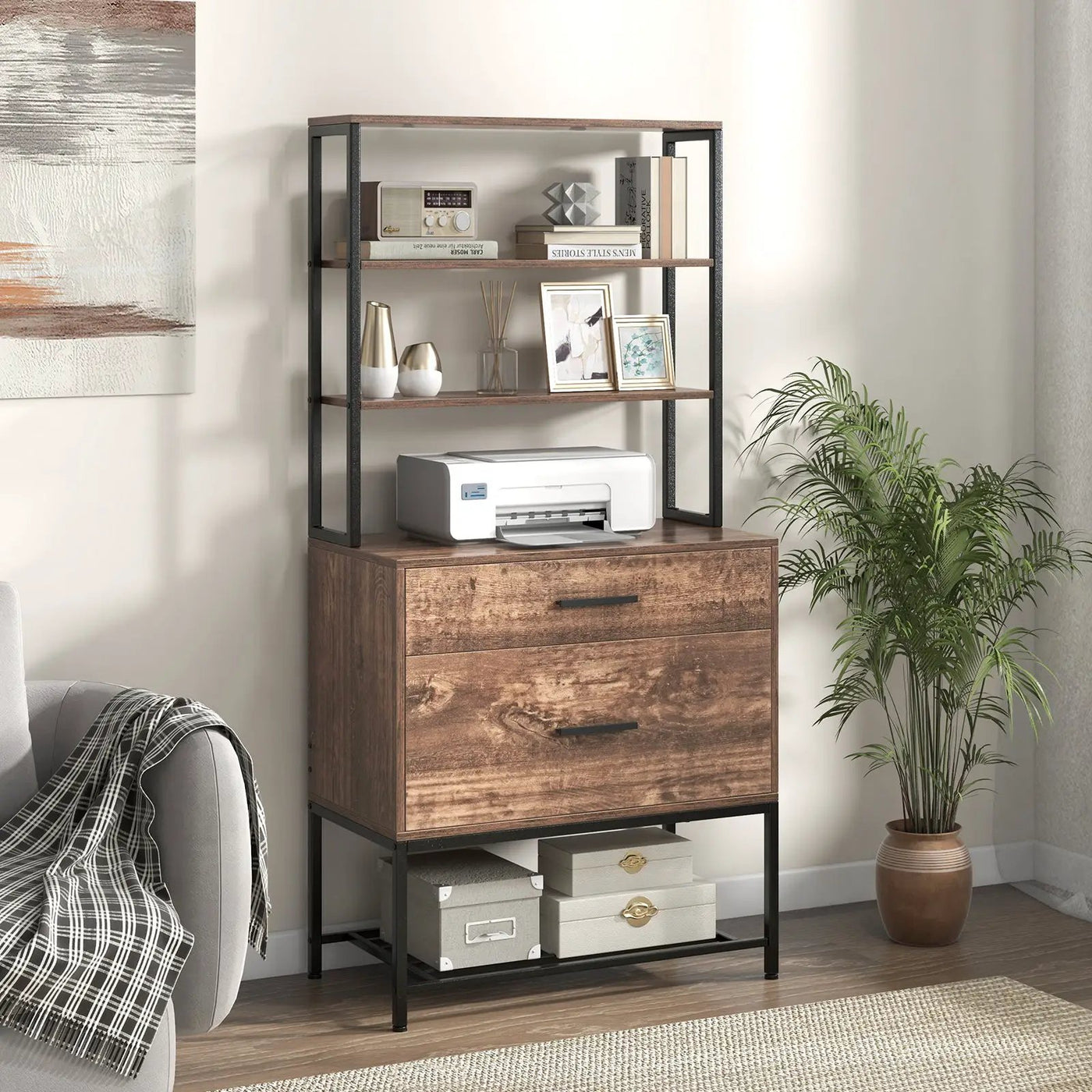 Freestanding File Cabinet with Charging Station and 3-Tier Open Shelves by DirectDeals