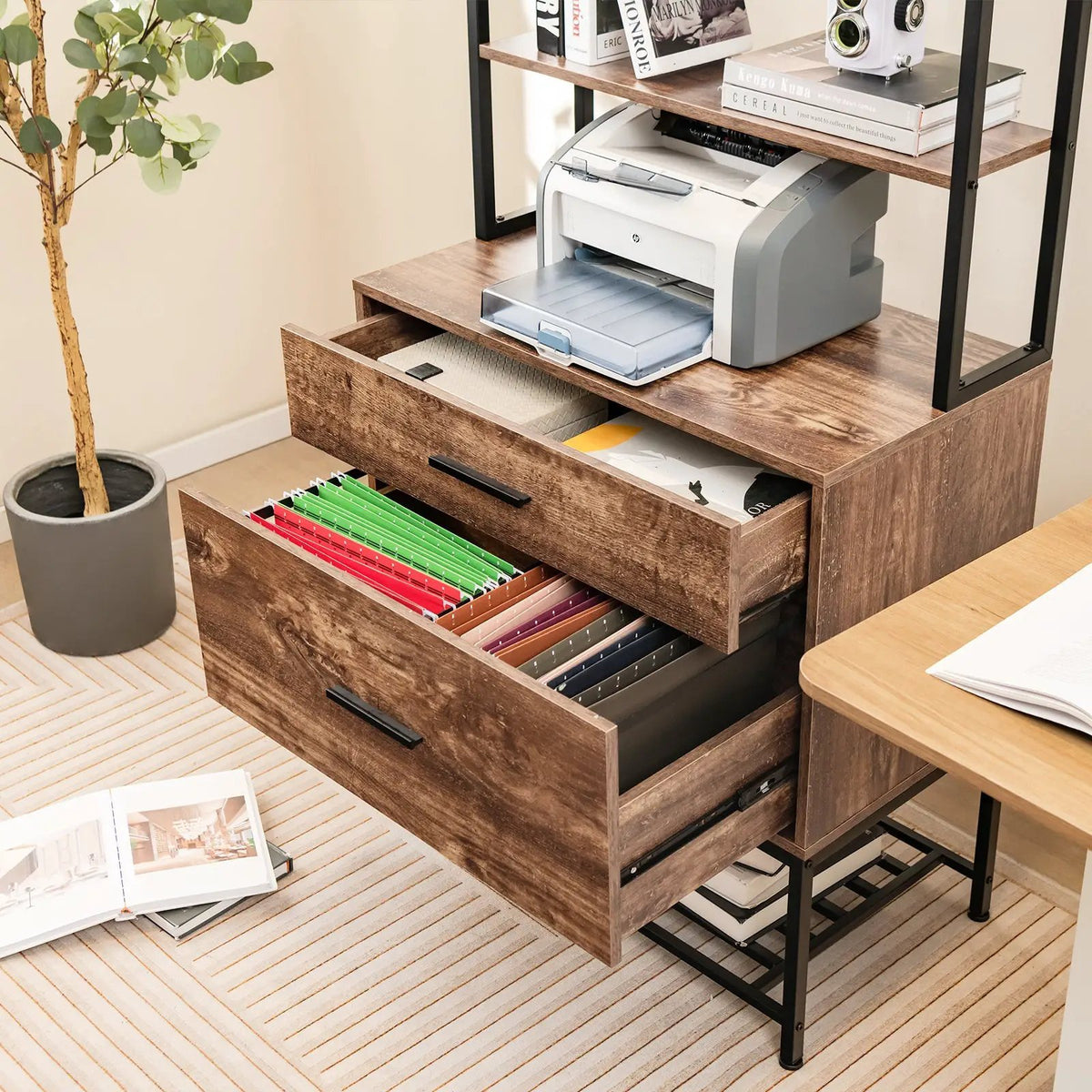 Freestanding File Cabinet with Charging Station and 3-Tier Open Shelves by DirectDeals