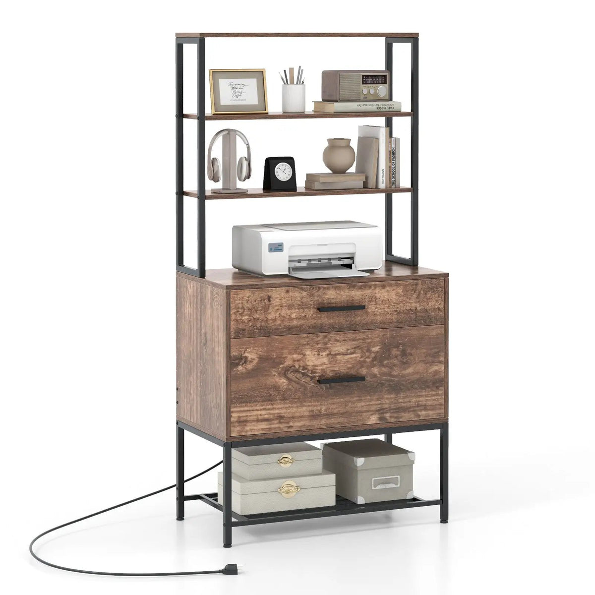 Freestanding File Cabinet with Charging Station and 3-Tier Open Shelves by DirectDeals
