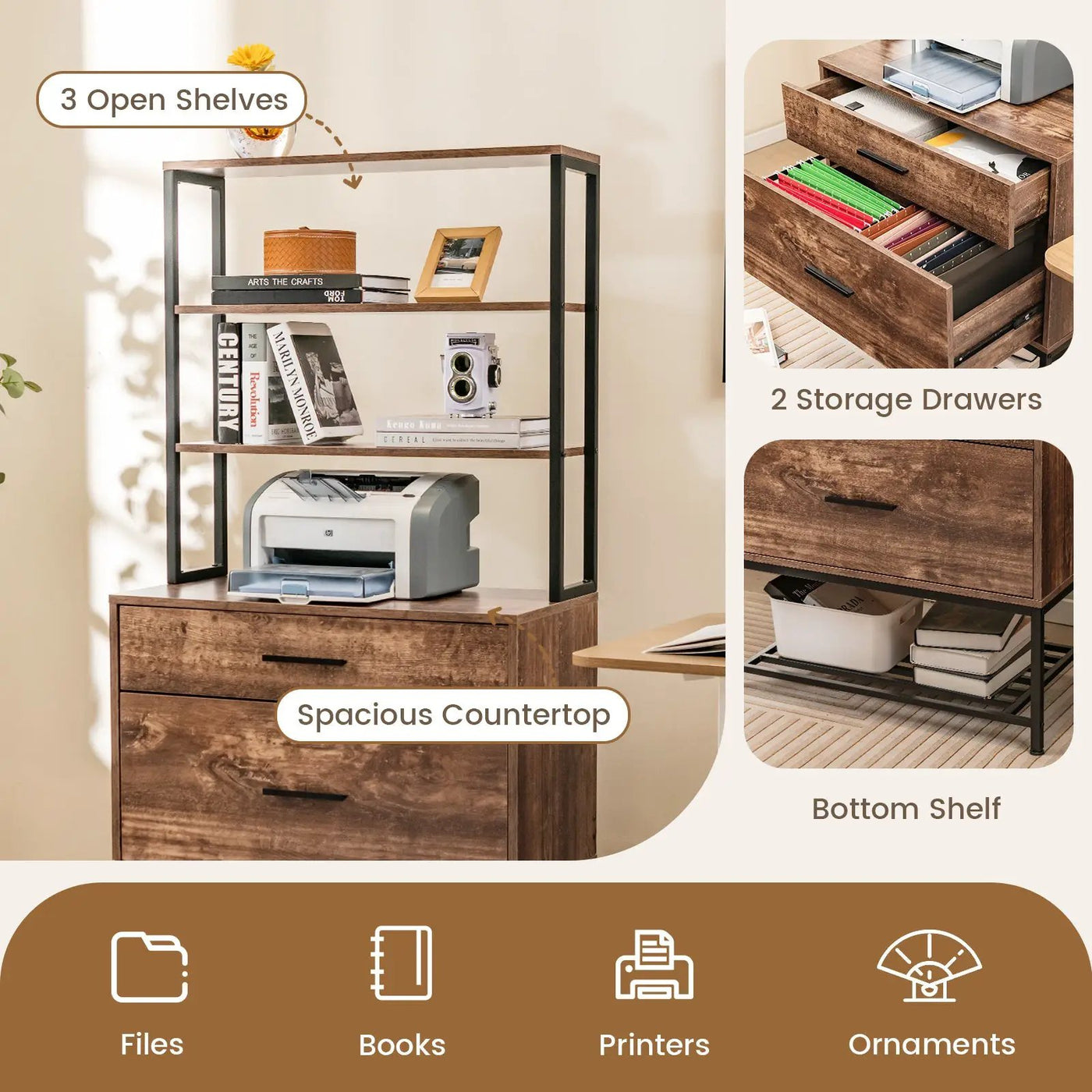 Freestanding File Cabinet with Charging Station and 3-Tier Open Shelves by DirectDeals
