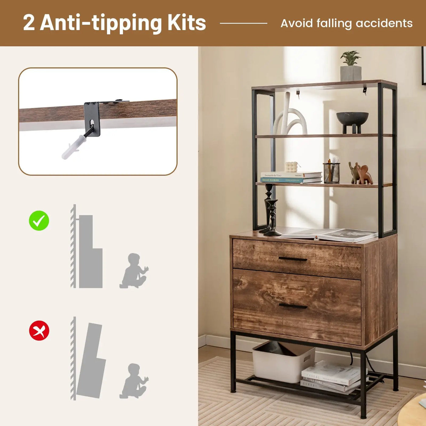 Freestanding File Cabinet with Charging Station and 3-Tier Open Shelves by DirectDeals