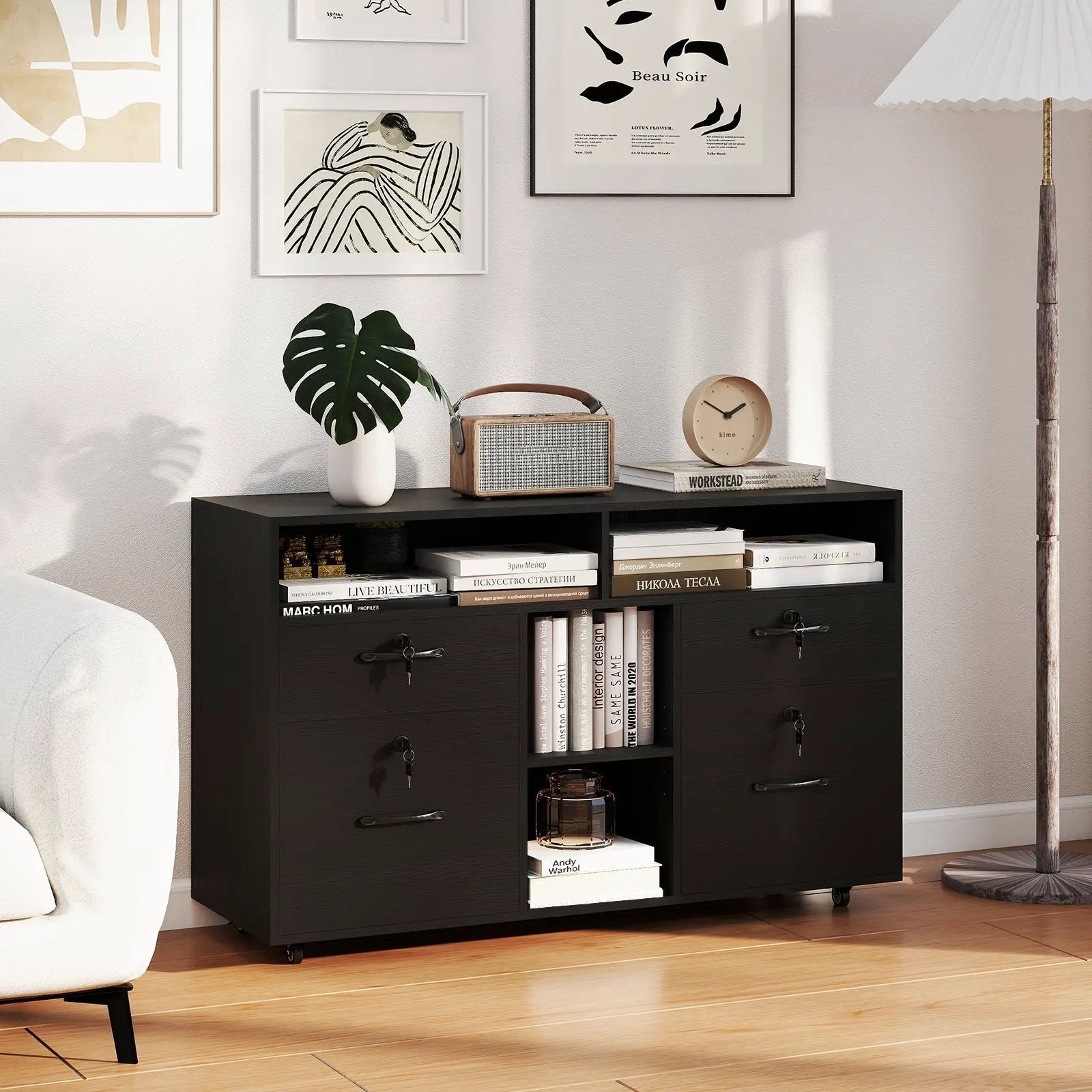 File Cabinet with Lock Mobile Lateral Filing Storage Organizer Modern Rolling Printer Stand by DirectDeals