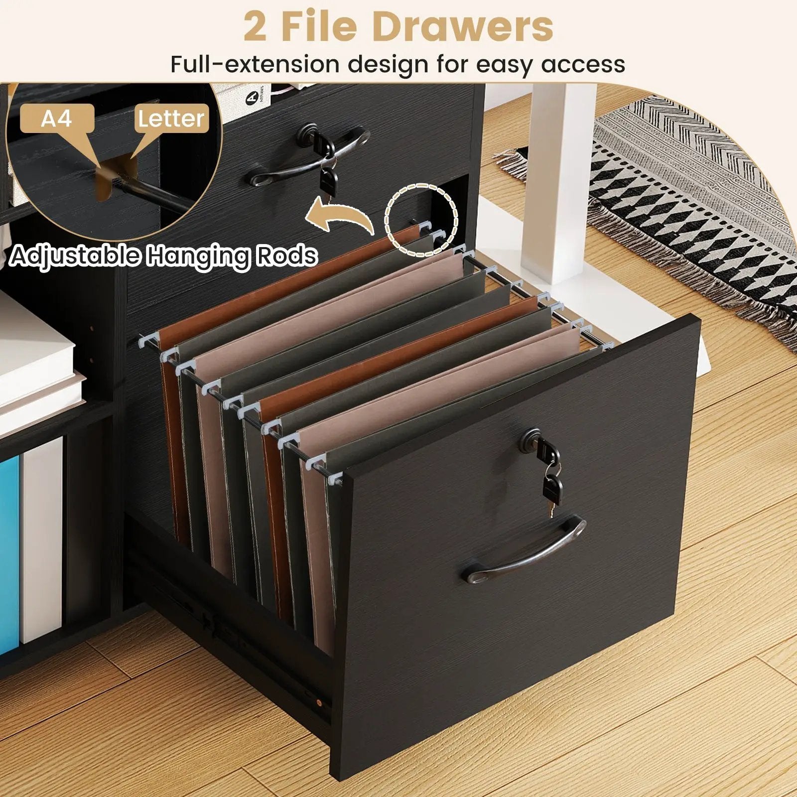 File Cabinet with Lock Mobile Lateral Filing Storage Organizer Modern Rolling Printer Stand by DirectDeals