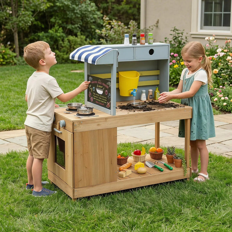 Kids Wooden Mud Kitchen Playset with Canopy and Faucet by DirectDeals
