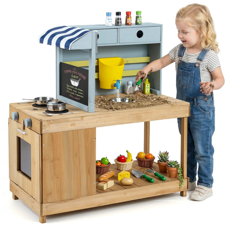Kids Wooden Mud Kitchen Playset with Canopy and Faucet by DirectDeals